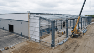 Steel building expansion with new structural frames added to an existing warehouse