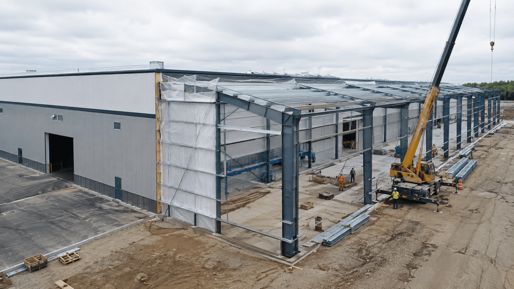 Steel building expansion with new structural frames added to an existing warehouse