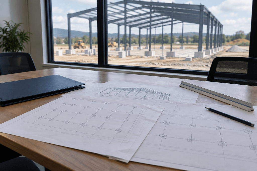 Dibujos de cimientos de edificios de acero sobre una mesa de coordinación con una estructura de acero y pedestales de hormigón al fondo