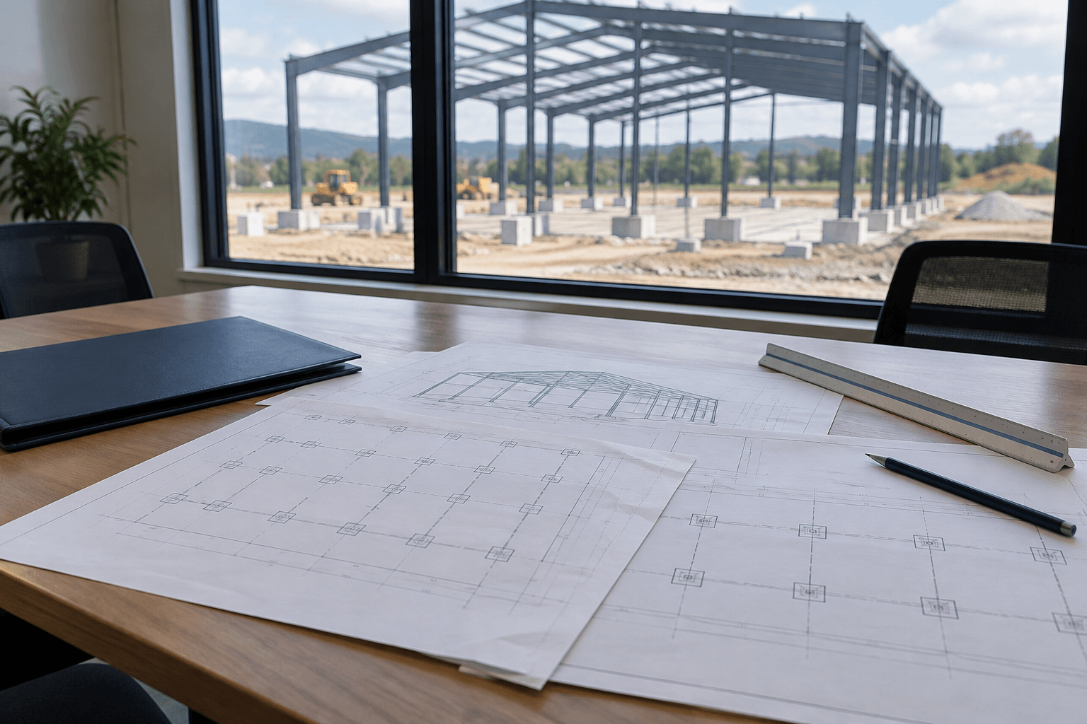 Dibujos de cimientos de edificios de acero sobre una mesa de coordinación con una estructura de acero y pedestales de hormigón al fondo