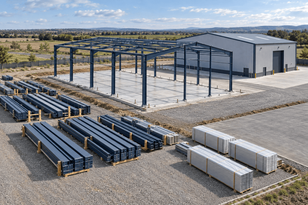 Steel building kit vs installed cost: stacked steel members, a frame under erection and a completed warehouse