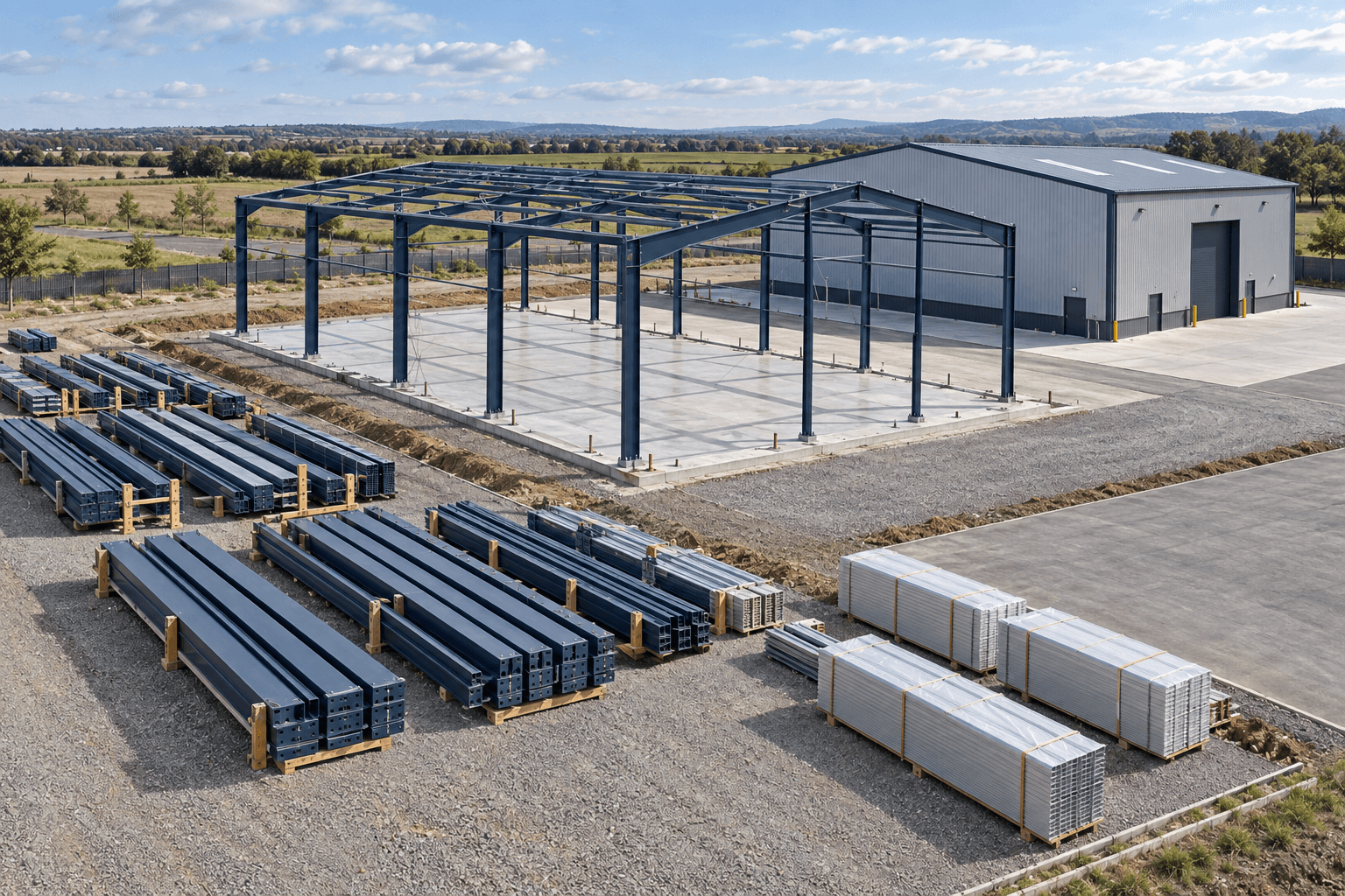 Steel building kit vs installed cost: stacked steel members, a frame under erection and a completed warehouse