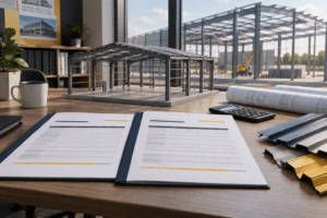 Steel building quotation comparison with two proposal sheets, a steel frame model and cladding samples