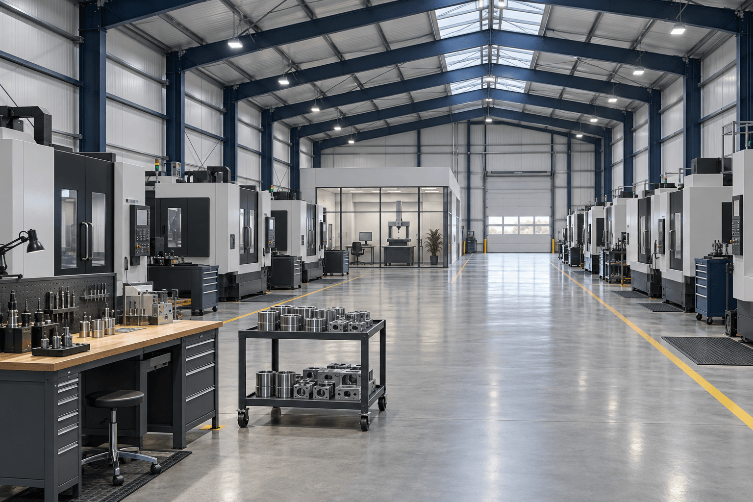 Steel CNC machining workshop building with enclosed machine rows, a marked aisle and an inspection room