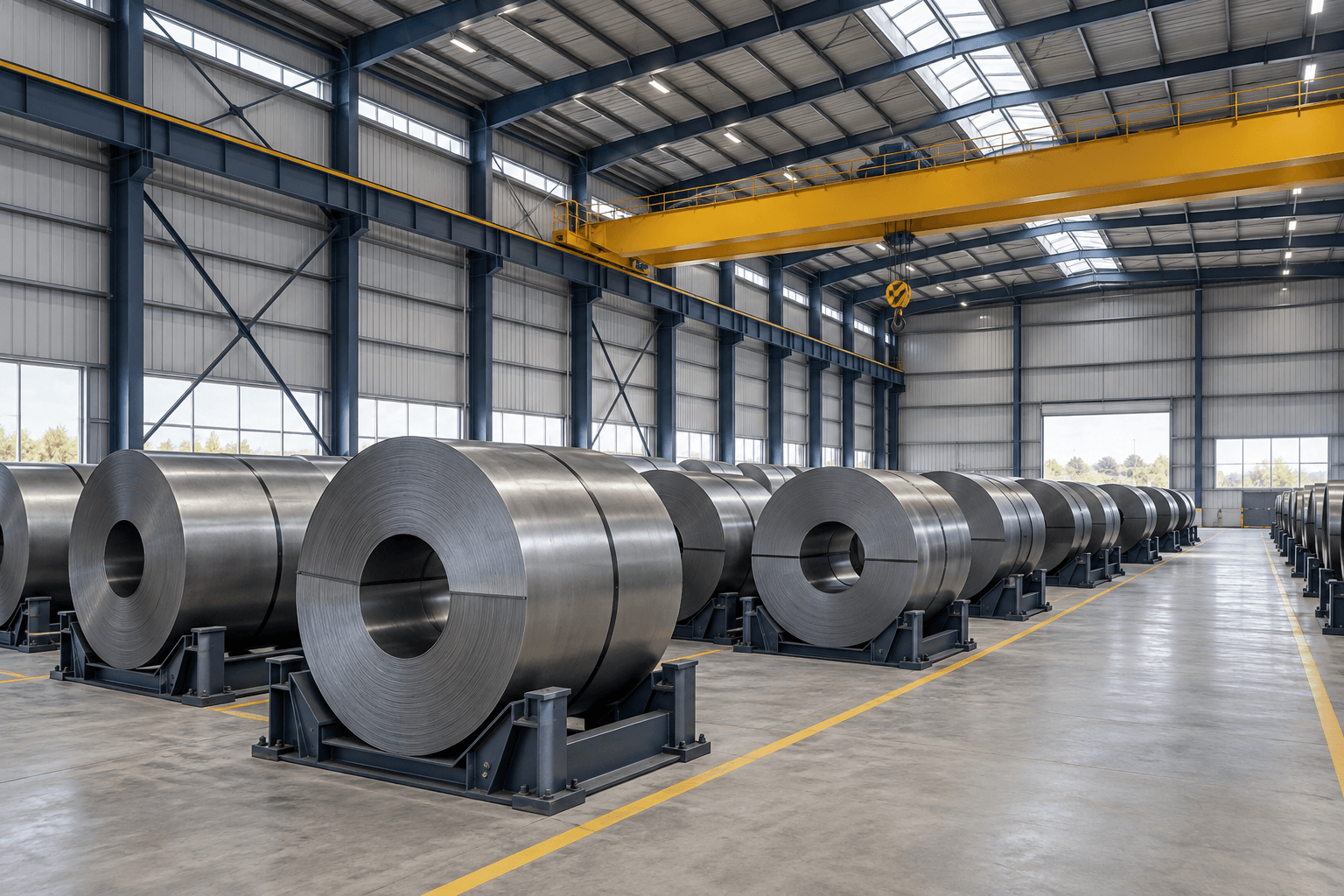 Steel coil storage warehouse building with individually supported coils and an overhead bridge crane