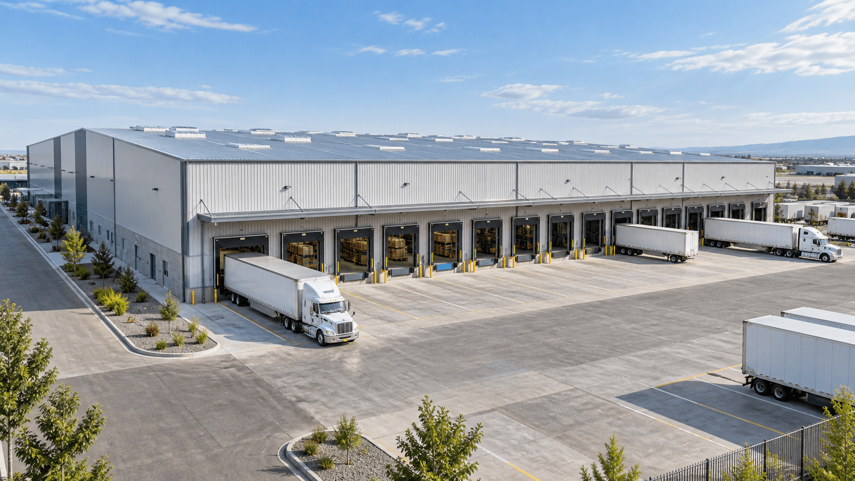 Steel logistics distribution center building with loading docks and truck yard