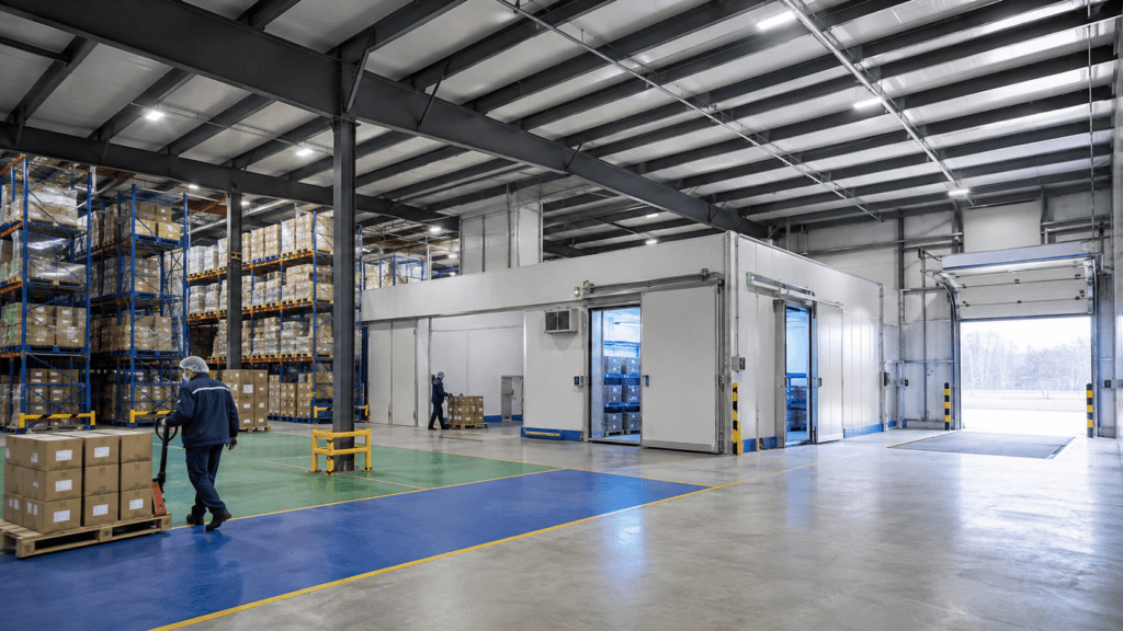 Steel pharmaceutical warehouse building with insulated cold rooms and high-bay storage