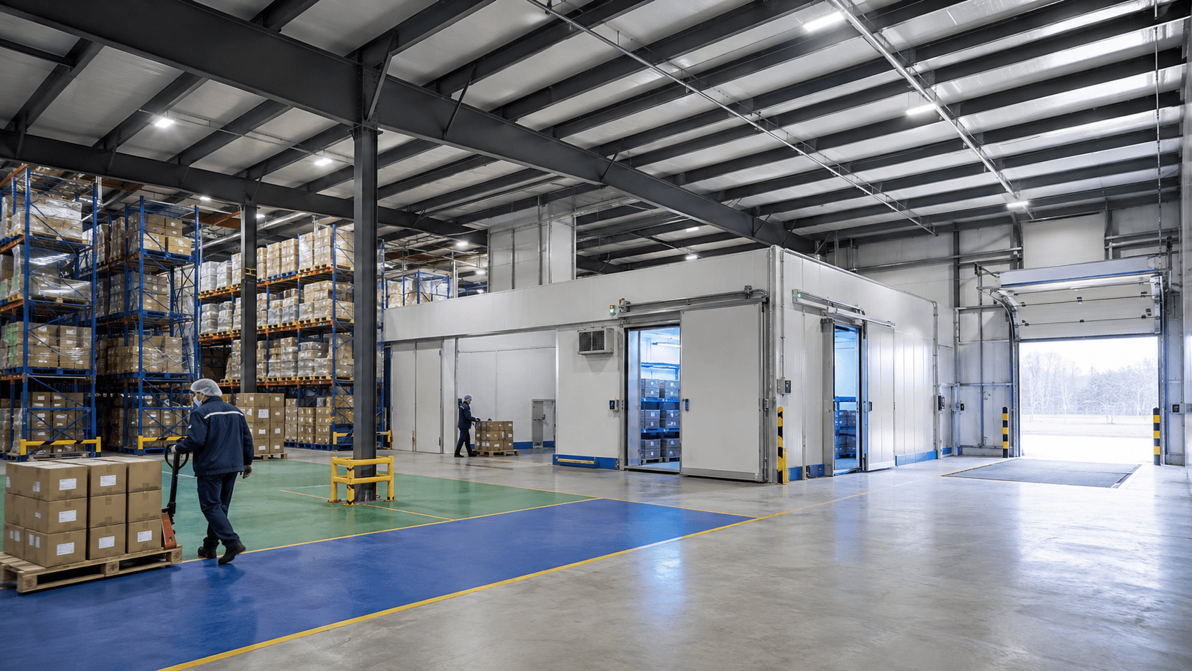 Steel pharmaceutical warehouse building with insulated cold rooms and high-bay storage