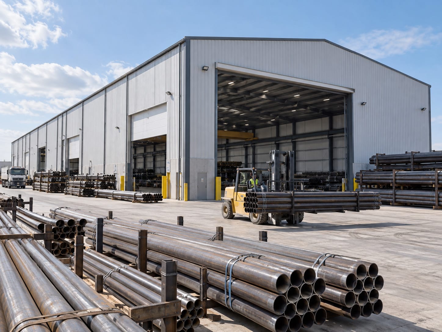 Steel pipe storage warehouse building with long material storage aisles and overhead handling space