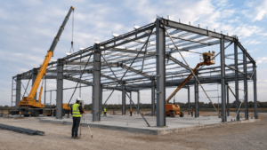 Steel structure installation with temporary bracing, crane and alignment checks