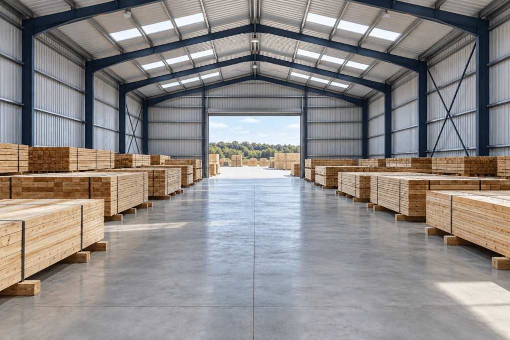 Almacén de almacenamiento de madera de acero con paquetes de madera horizontales sobre soportes y pasillo central de manipulación despejado