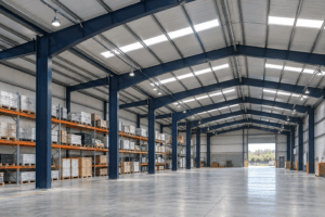 Steel warehouse clear height beneath portal rafters, with pallet racks and an open central aisle