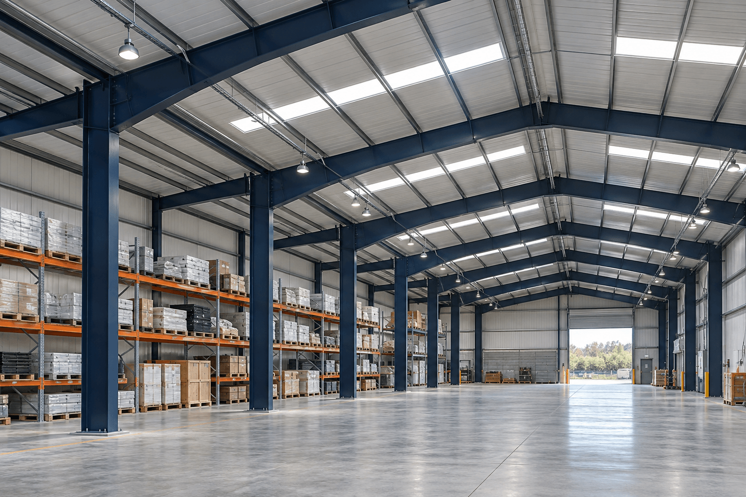 Steel warehouse clear height beneath portal rafters, with pallet racks and an open central aisle