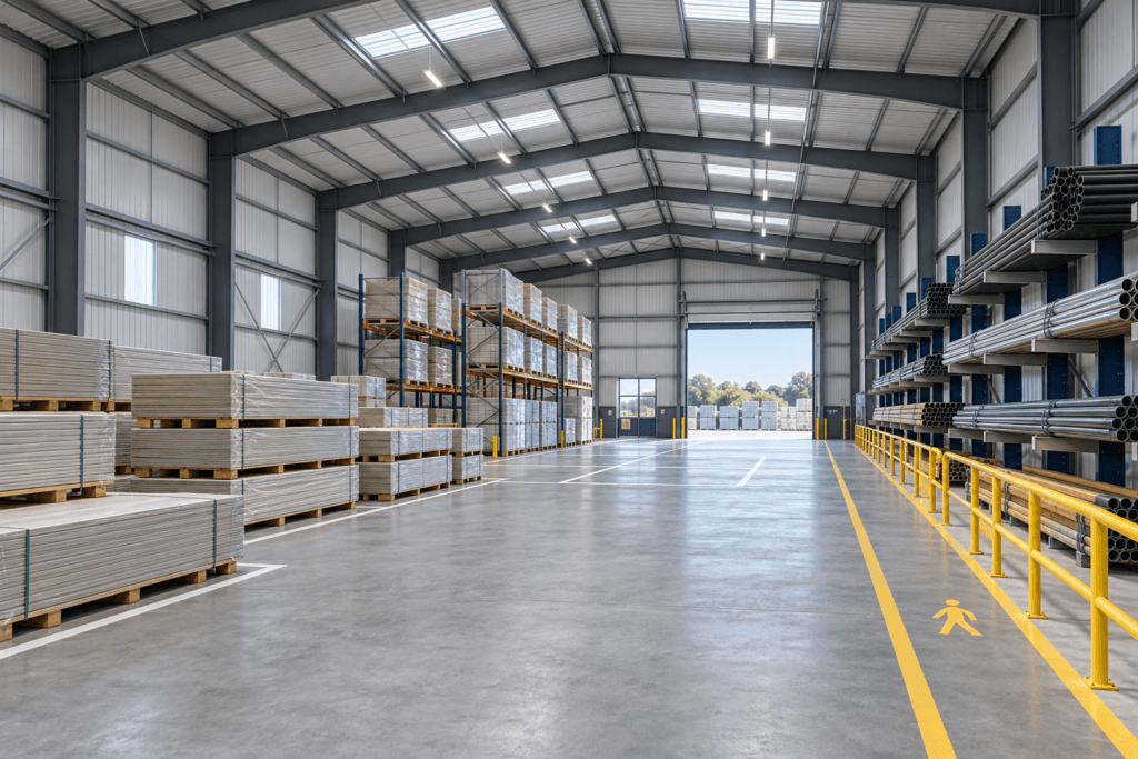 Almacén de acero para materiales de construcción con tableros embalados, almacenamiento de paletas, bastidores de tuberías y un pasillo de despacho marcado