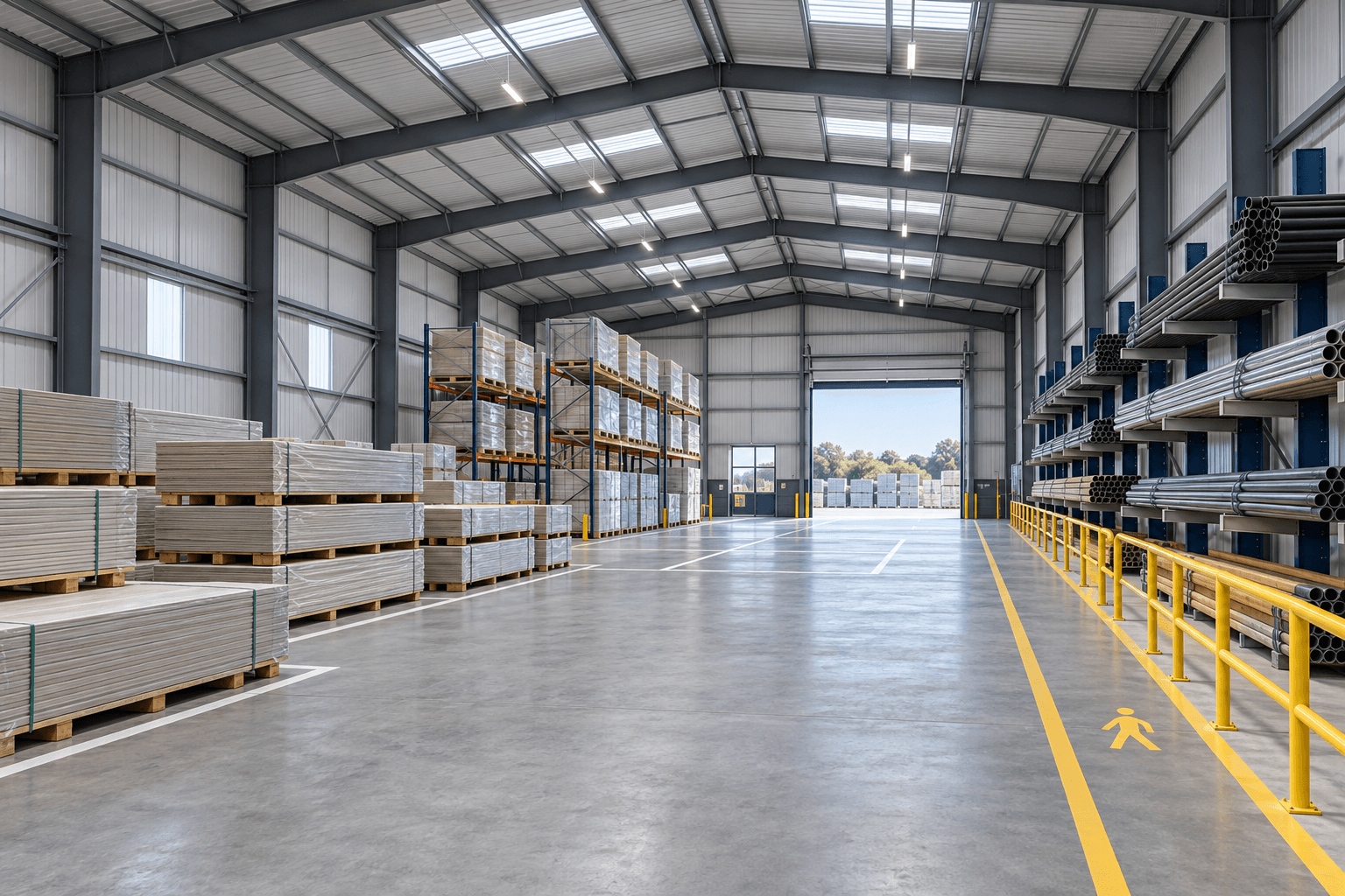 Steel warehouse for building materials with packaged boards, pallet storage, pipe racks and a marked dispatch aisle